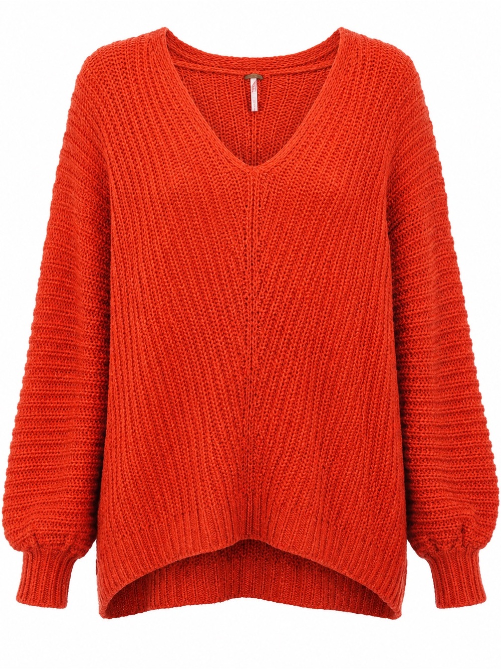 Free People Vibrant Orange V-Neck Chunky Knit Sweater